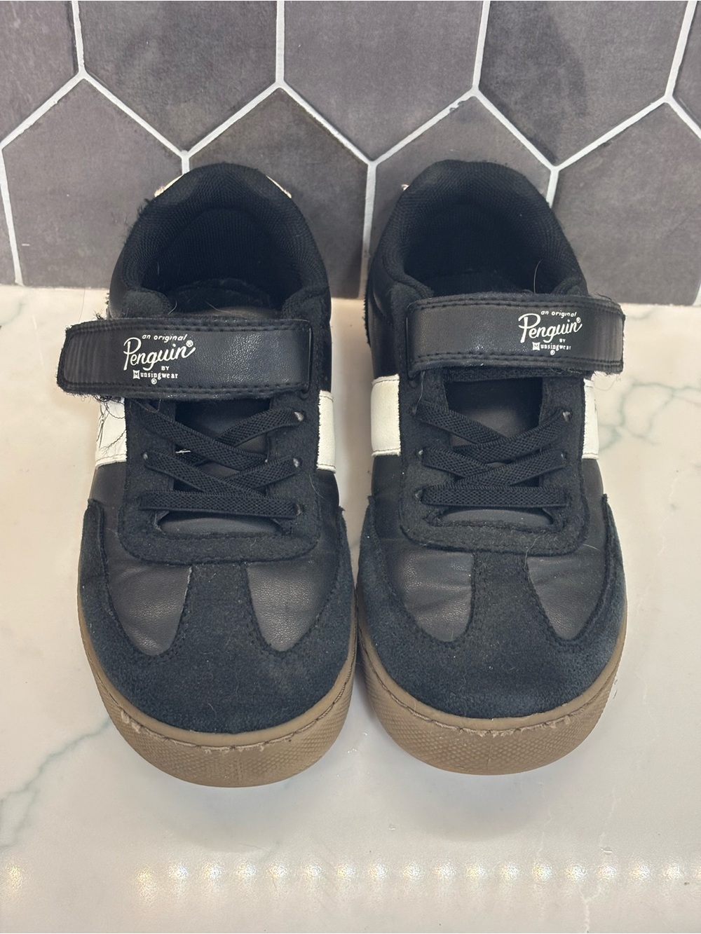 Original Penguin Kids Black and White Velcro Lace-Up Sneakers with Brown Sole